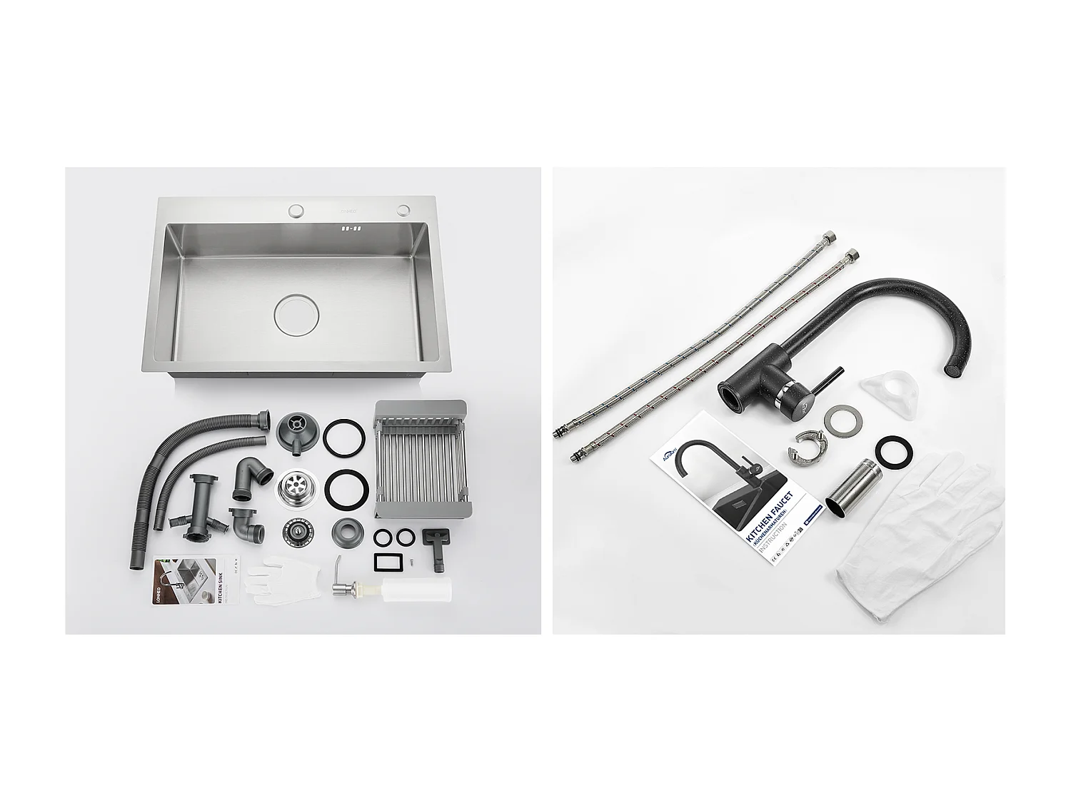 2 en1 Évier Cuisine Brossé 68x45x19CM avec Distrubuteur savon Égouttoir Panier+Robinet Cuisine Rotatif 360°,Noir avec points blancs