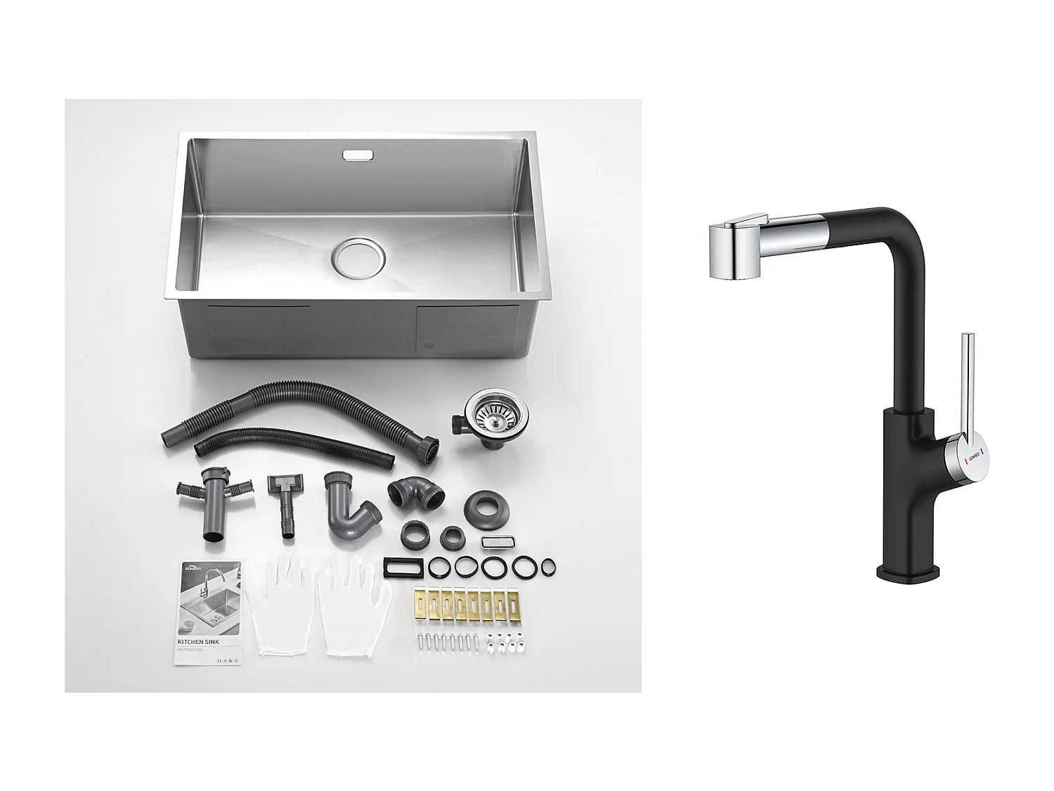 Évier Cuisine 1 Bac 74*44*20CM 304 Inox Évier Brossé avec Siphon et Trop-Plein+ Robinet de Cuisine Inox Extractible Rotatif à 360 ° 