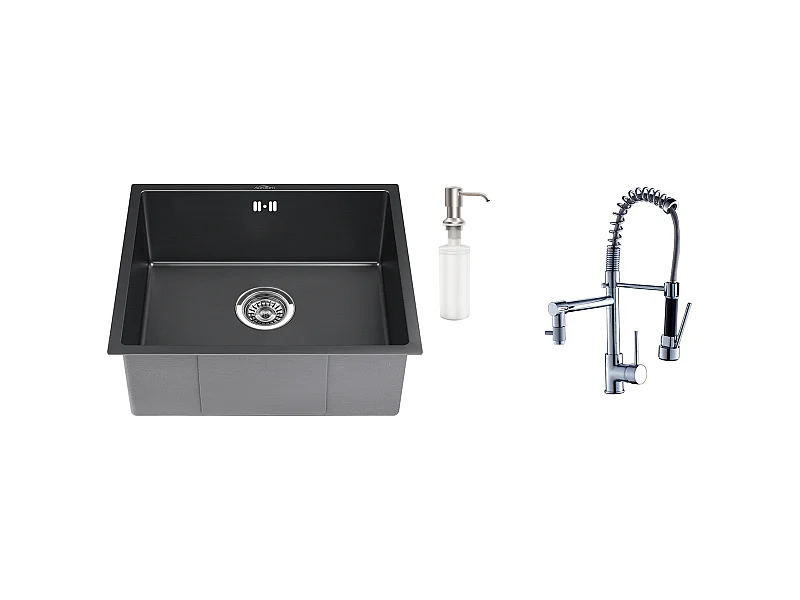 Évier Noir 1 Bac 50x43x18,5CM,Acier Inoxydable, avec Distrubuteur de savon+Robinet Cuisine Rotatif 360° Douchette Extractible