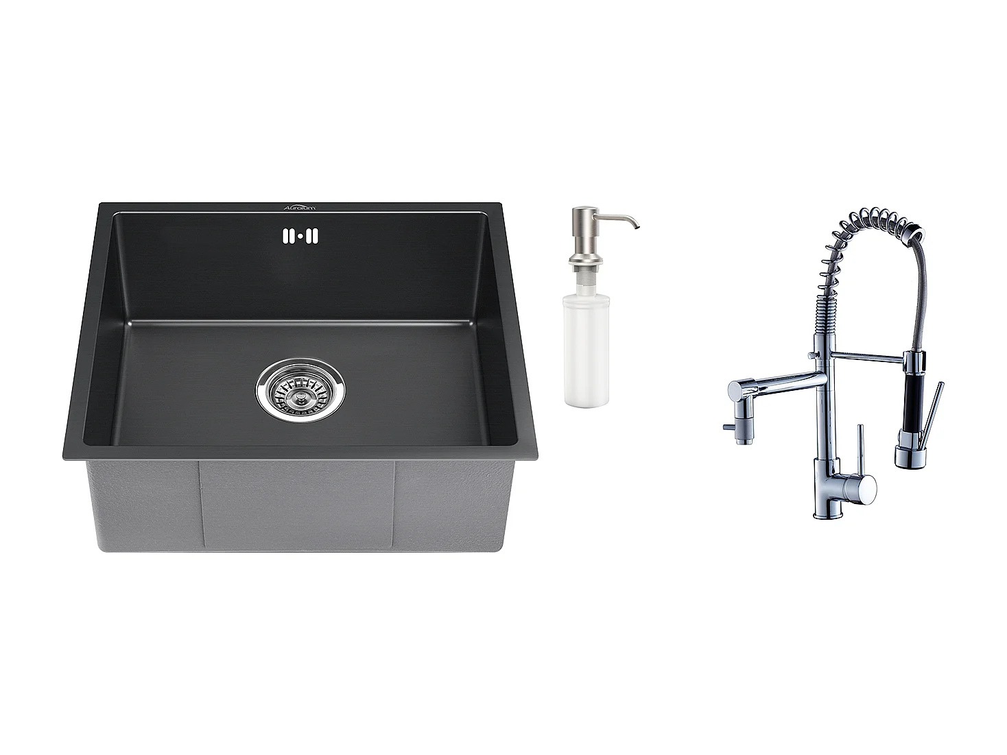 Évier Noir 1 Bac 50x43x18,5CM,Acier Inoxydable, avec Distrubuteur de savon+Robinet Cuisine Rotatif 360° Douchette Extractible