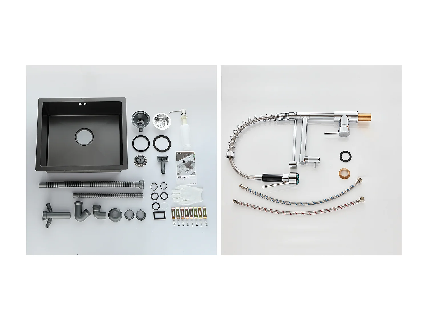 Évier Noir 1 Bac 50x43x18,5CM,Acier Inoxydable, avec Distrubuteur de savon+Robinet Cuisine Rotatif 360° Douchette Extractible