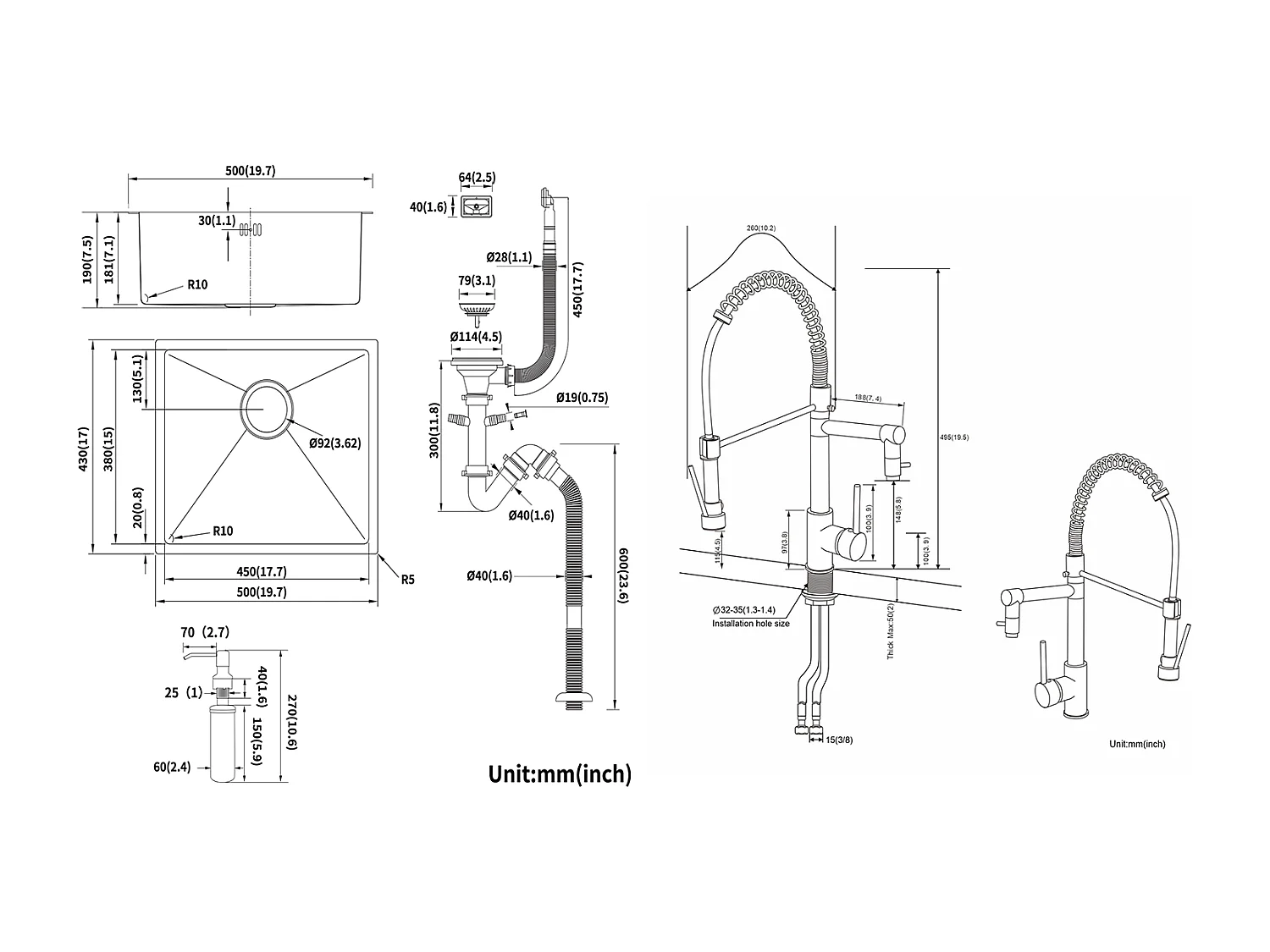 GootsteenZwart 1 Bak 50x43x18,5CM, Roestvrij Staal, met Zeepdistructor + 360° Draaibare Keukenkraan Uittrekbare Handdouche