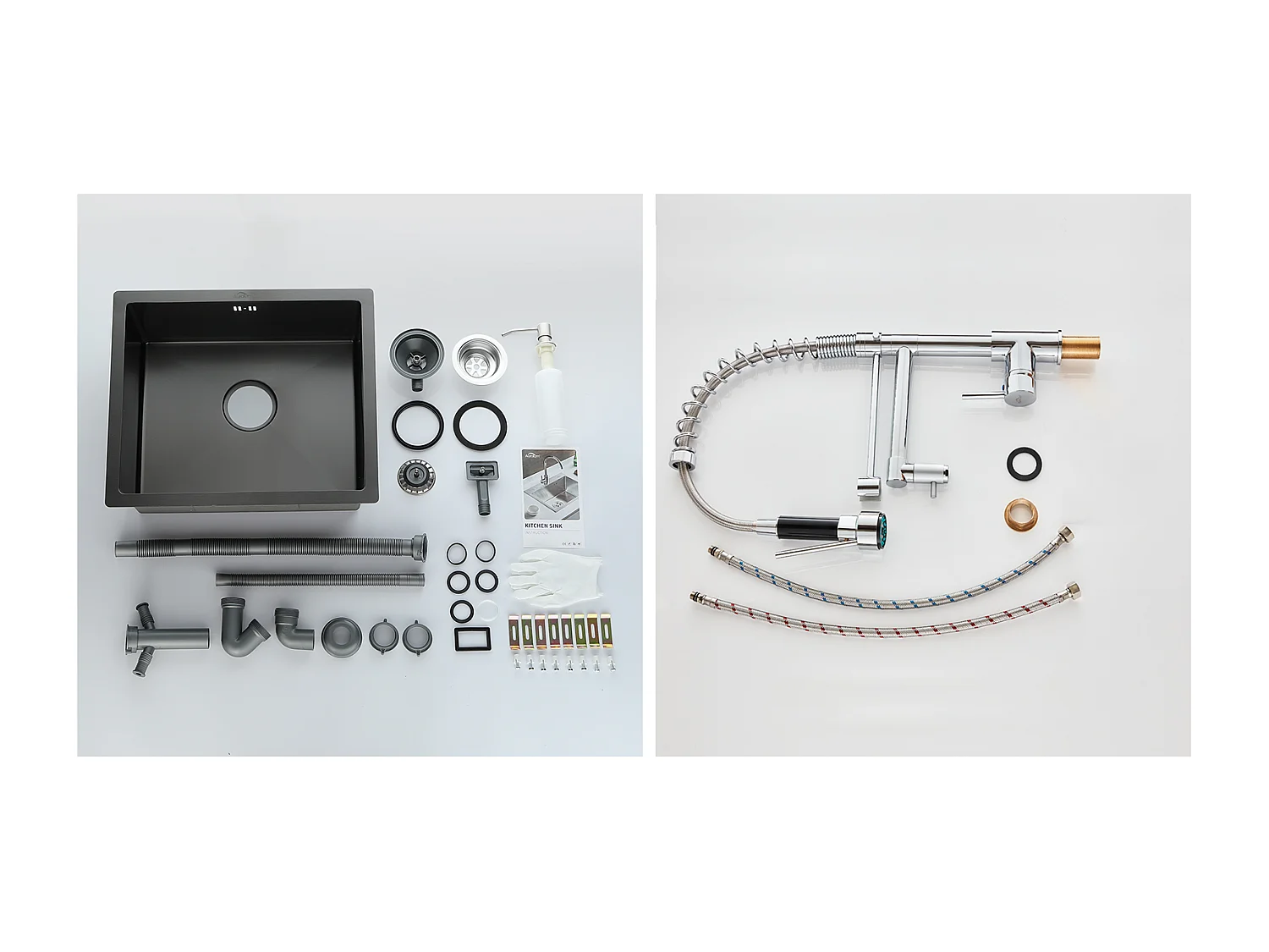 GootsteenZwart 1 Bak 50x43x18,5CM, Roestvrij Staal, met Zeepdistructor + 360° Draaibare Keukenkraan Uittrekbare Handdouche