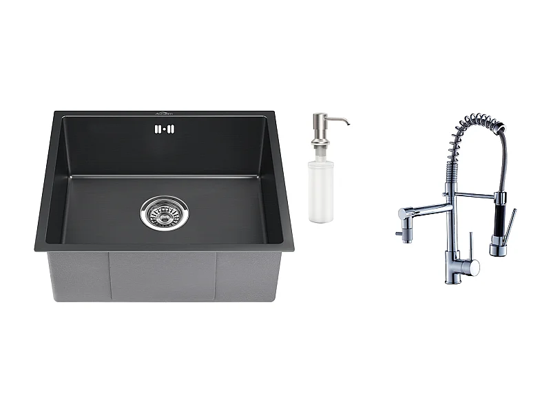 Évier Noir 1 Bac 50x43x18,5CM,Acier Inoxydable, avec Distrubuteur de savon+Robinet Cuisine Rotatif 360° Douchette Extractible