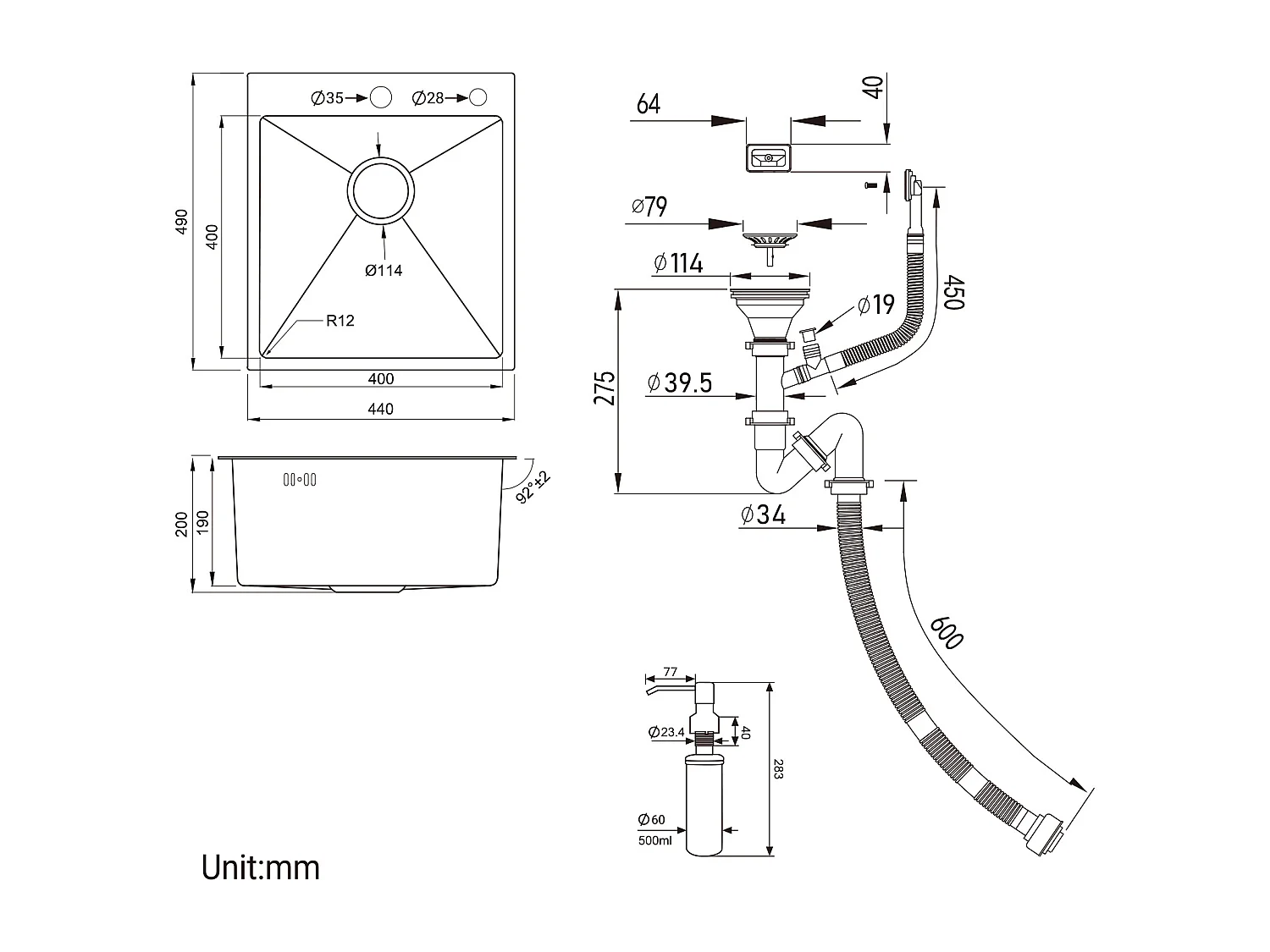 1 Becken Küchenspüle 44*49*20 CM, mit Seifenspender, Edelstahl, Einbau-/Aufsatzspüle + Küchenarmatur, 360° schwenkbar, Warm-/Kaltwasser, Chrom
