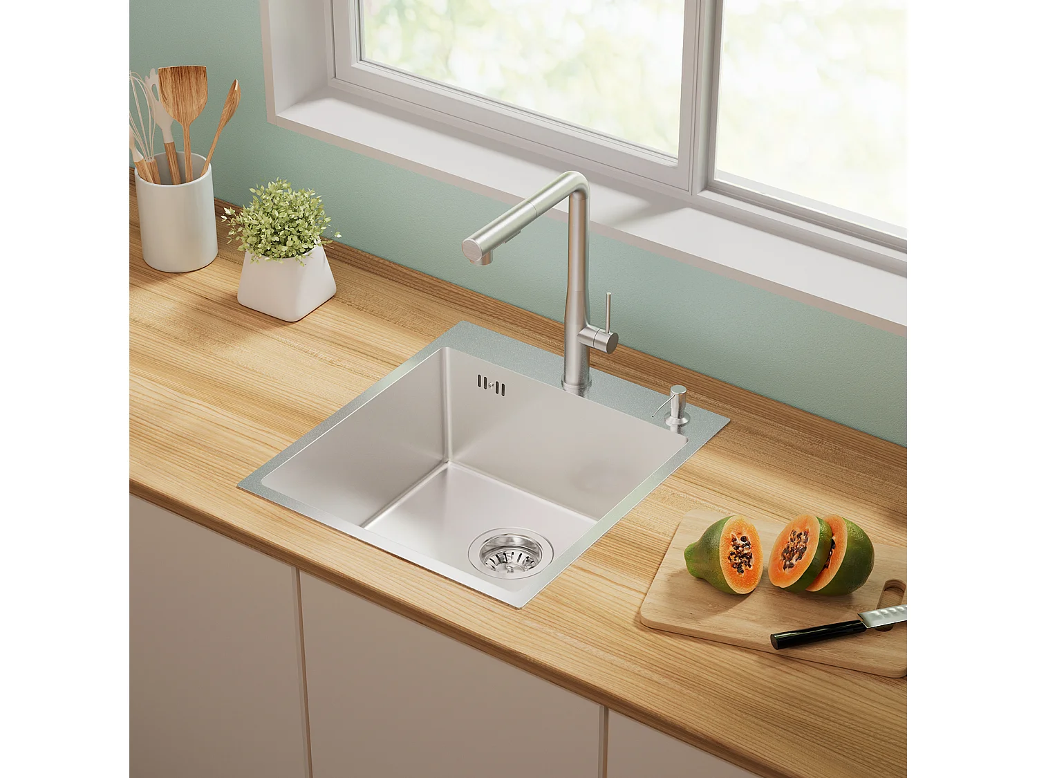 Évier Cuisine 1 Bac 44*49*20 CM,avec Distributeur Savon,Inox,Évier encastré/à Poser+Robinet Cuisine,Orientable 360°,Eau Chaude/Froide,Chromé