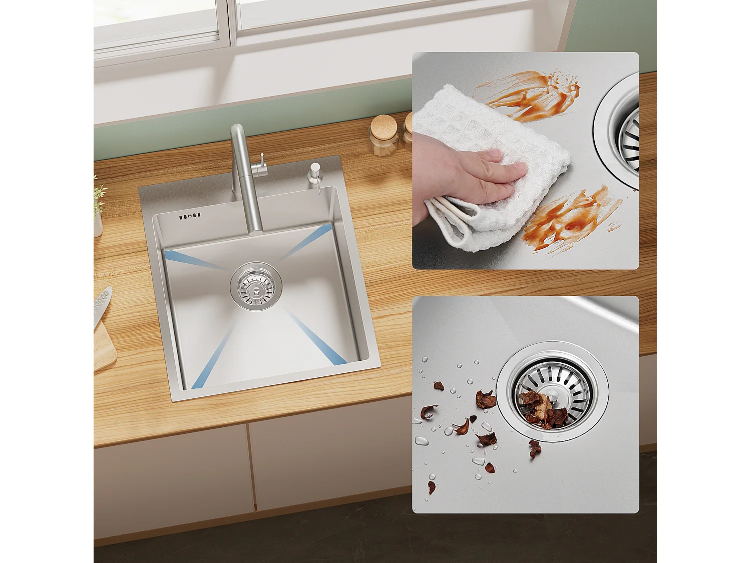 Évier Cuisine 1 Bac 44*49*20 CM,avec Distributeur Savon,Inox,Évier encastré/à Poser+Robinet Cuisine,Orientable 360°,Eau Chaude/Froide,Chromé