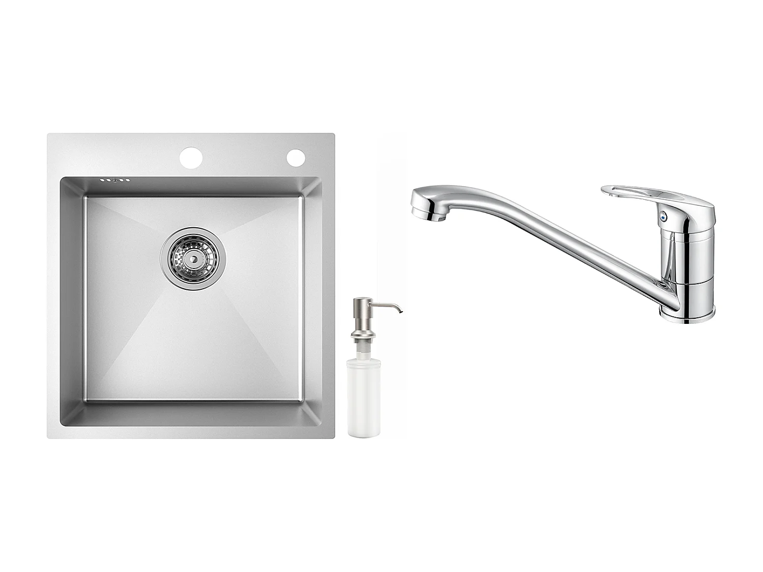 Évier Cuisine 1 Bac 44*49*20 CM,avec Distributeur Savon,Inox,Évier encastré/à Poser+Robinet Cuisine,Orientable 360°,Eau Chaude/Froide,Chromé