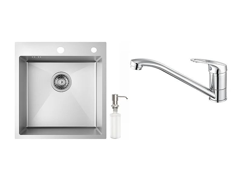 Évier Cuisine 1 Bac 44*49*20 CM,avec Distributeur Savon,Inox,Évier encastré/à Poser+Robinet Cuisine,Orientable 360°,Eau Chaude/Froide,Chromé