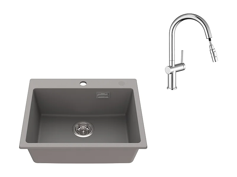 1 Vaschetta Lavello Cucina in Granito,55*45*20cm,Kit di svuotamento,Grigio+rubinetto da cucina retrattile a due funzioni, cromato