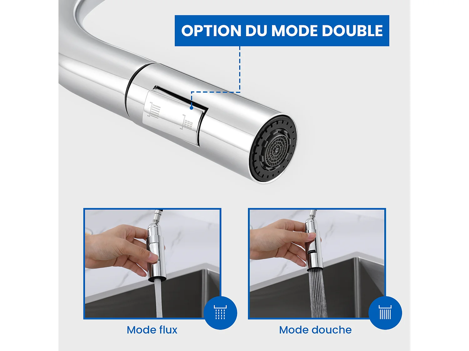1-Becken-Granit-Küchenspüle, 55*45*20cm, Ablaufgarnitur, grau + Ausziehbarer Küchenhahn mit zwei Funktionen, Chrom