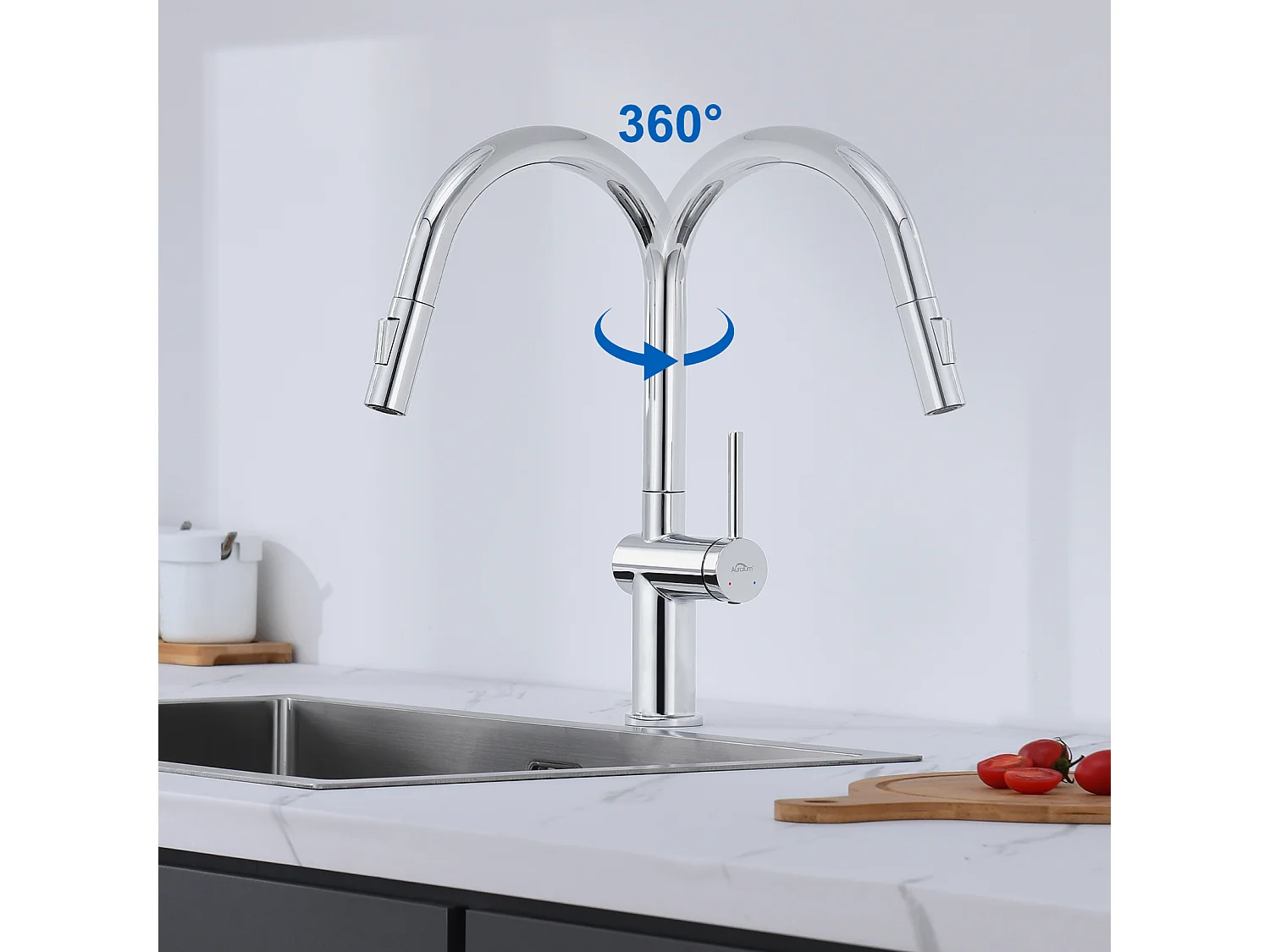 1 BAc Granieten Aanrecht,55*45*20cm,Afvoerset,Grijs+Trekbare keukenkraan met twee functies, chroom