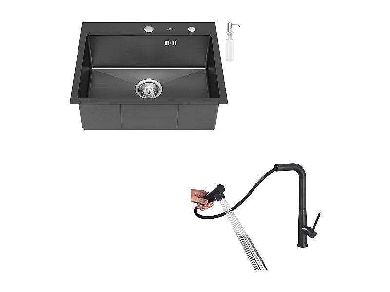 Fregadero Cocina 1 Bandeja 55*45CM Negro+Grifo Cocina con Ducha Extraíble Giratoria 360°,Dos Modos de Jets,Negro