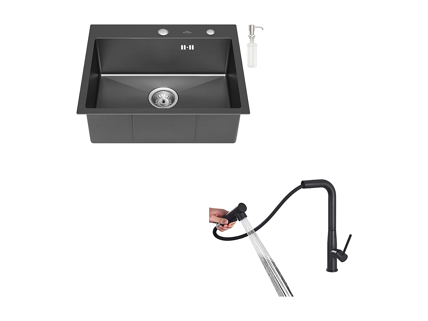 Aanrecht 1 Bak 55*45CM Zwart+Keukenkraan met 360° Draaibare Uittrekbare Douche,Twee Straalmodi,Zwart