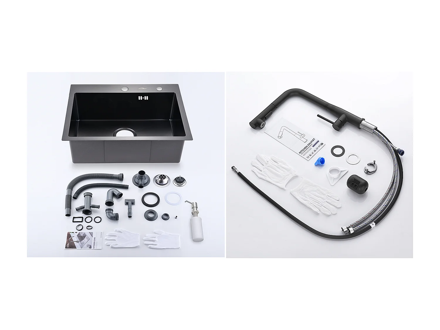 Lavello Cucina 1 Vassoio 55*45CM Nero+Rubinetto Cucina con Doccetta Estraibile Rotante a 360°,Due Modalità di Getto,Nero