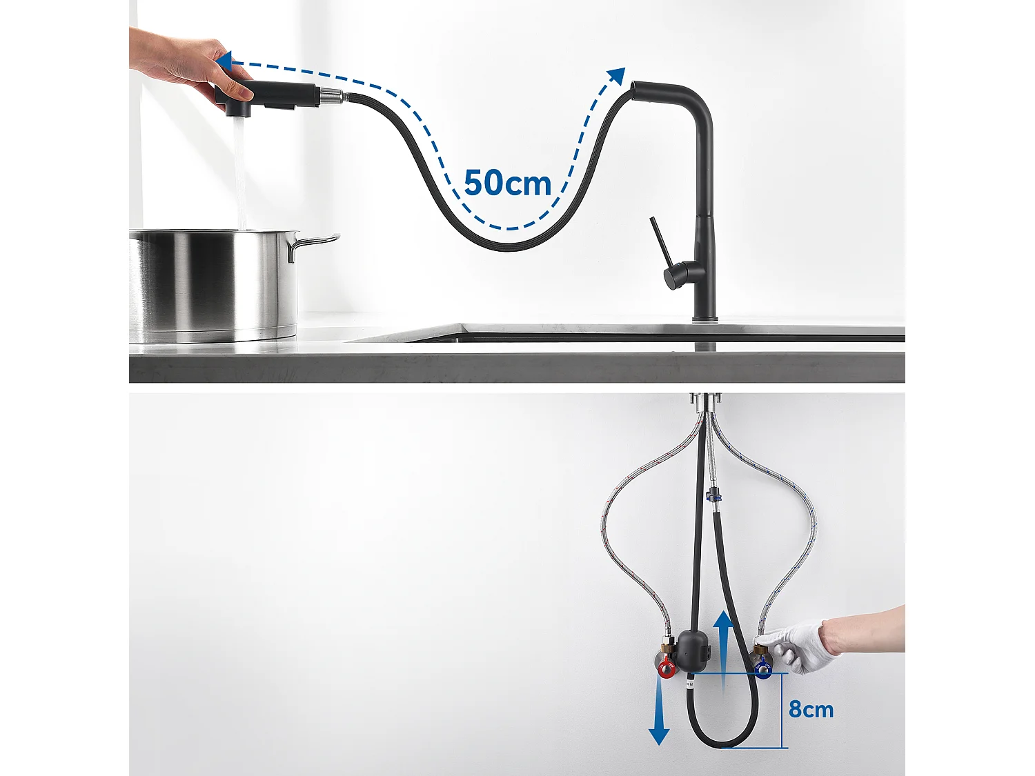 Lavello Cucina 1 Vassoio 55*45CM Nero+Rubinetto Cucina con Doccetta Estraibile Rotante a 360°,Due Modalità di Getto,Nero