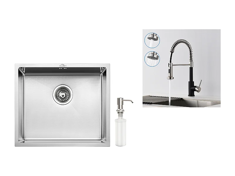 Fregadero de Cocina Inox 1 Bandeja 50*43*18CM con Dispensador de Jabón+Grifo Cocina Resorte con Ducha Extensible,2 Modos,Negro