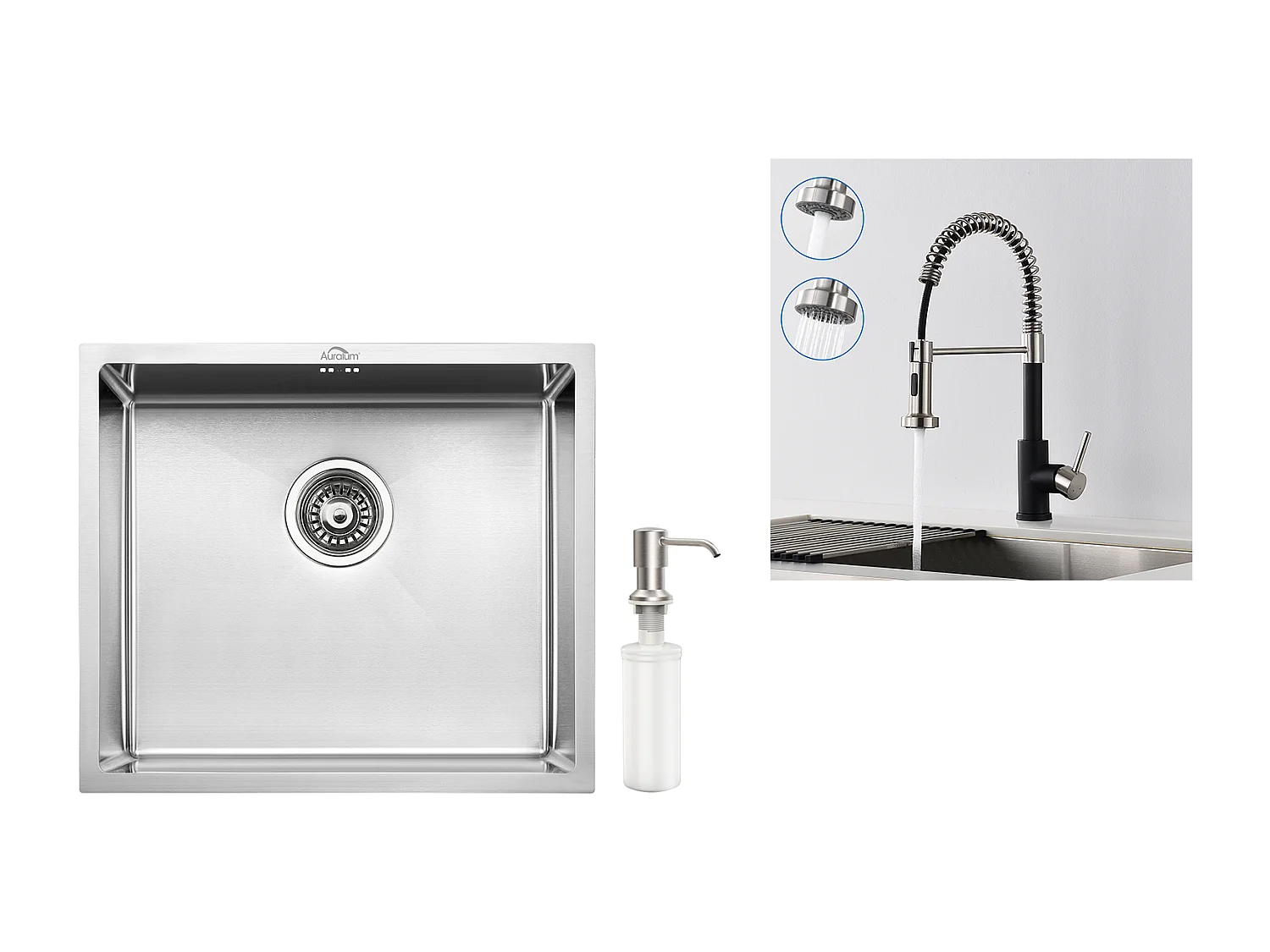 RVS spoelbak 1 bak 50*43*18CM met zeepdispenser + keukenkraan veer met uitschuifbare handdouche, 2 modi, zwart