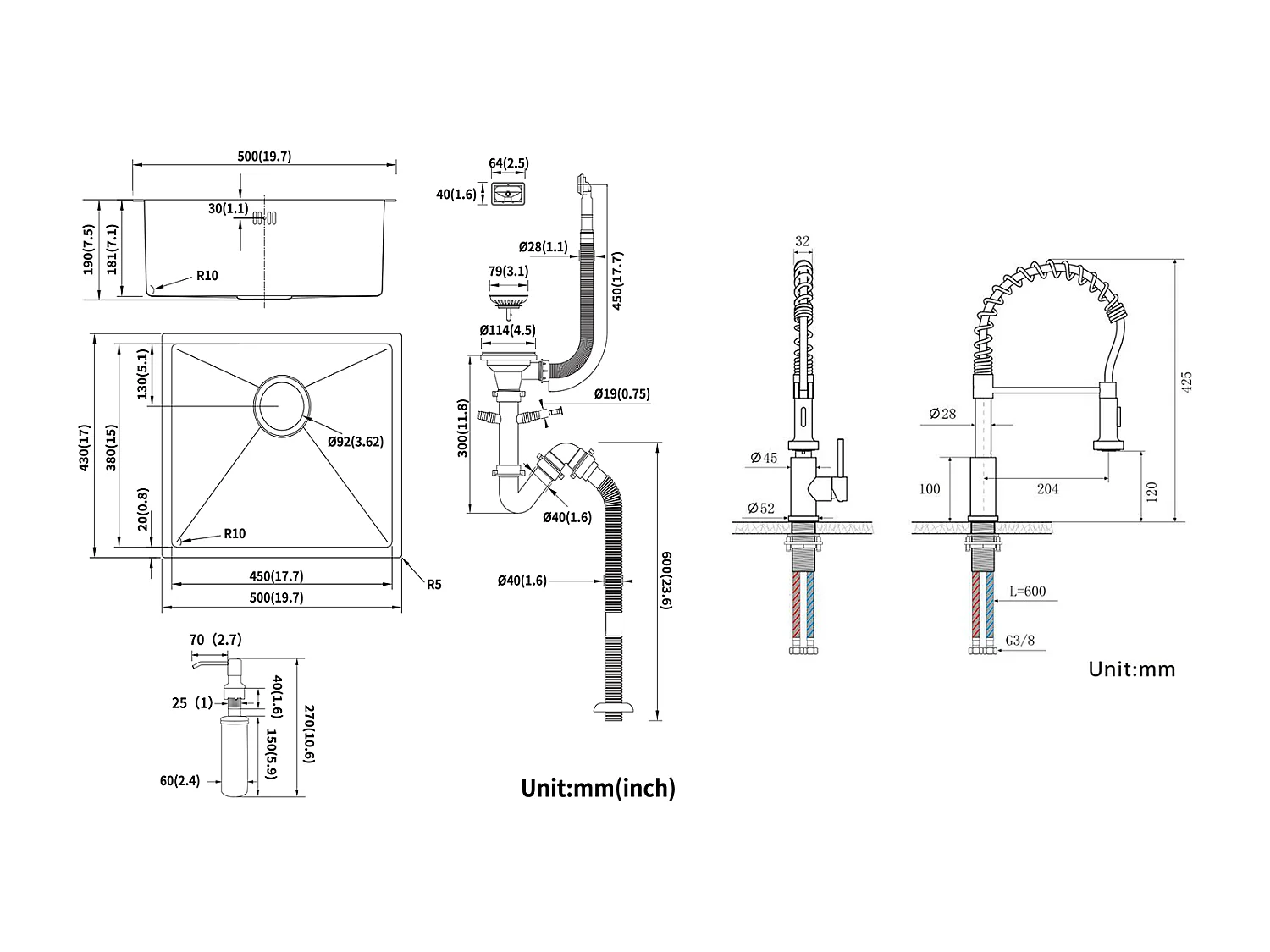 RVS spoelbak 1 bak 50*43*18CM met zeepdispenser + keukenkraan veer met uitschuifbare handdouche, 2 modi, zwart