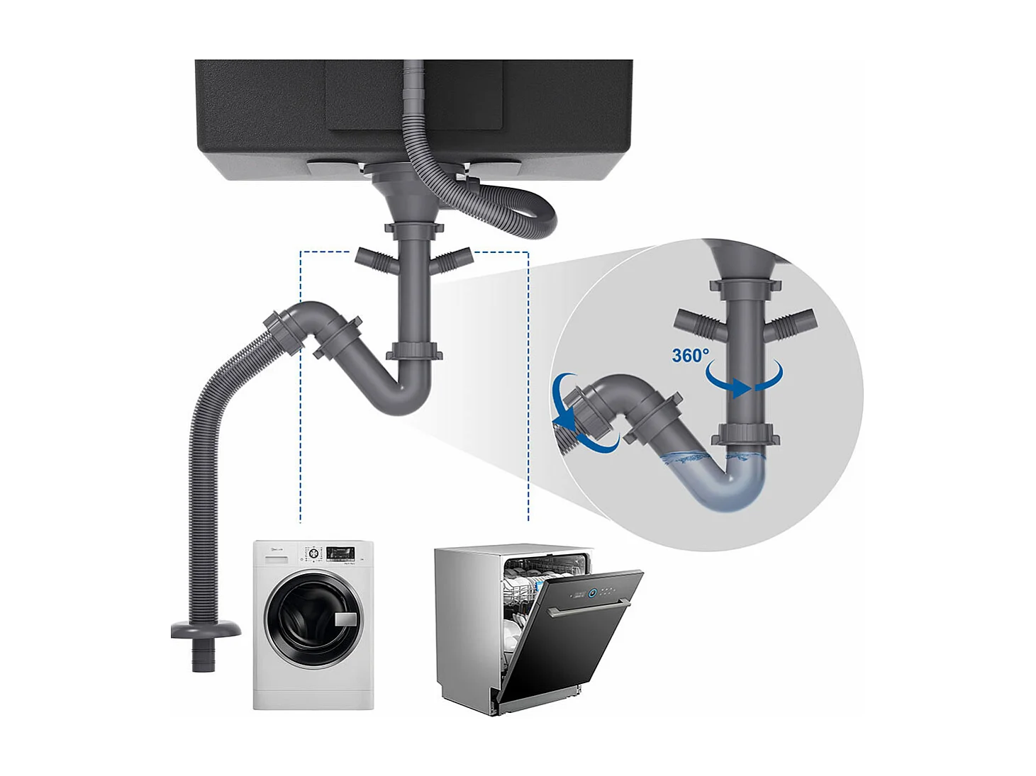 Évier de Cuisine Inox 1 Bac 50*43*18CM avec Distributeur de Savon+Robinet de Cuisine,Orientable à 360°, Eau Chaude/ Froide,en Laiton,Chromé