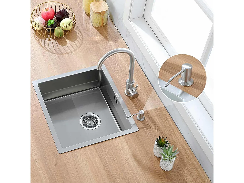 Évier de Cuisine Inox 1 Bac 50*43*18CM avec Distributeur de Savon+Robinet de Cuisine,Orientable à 360°, Eau Chaude/ Froide,en Laiton,Chromé