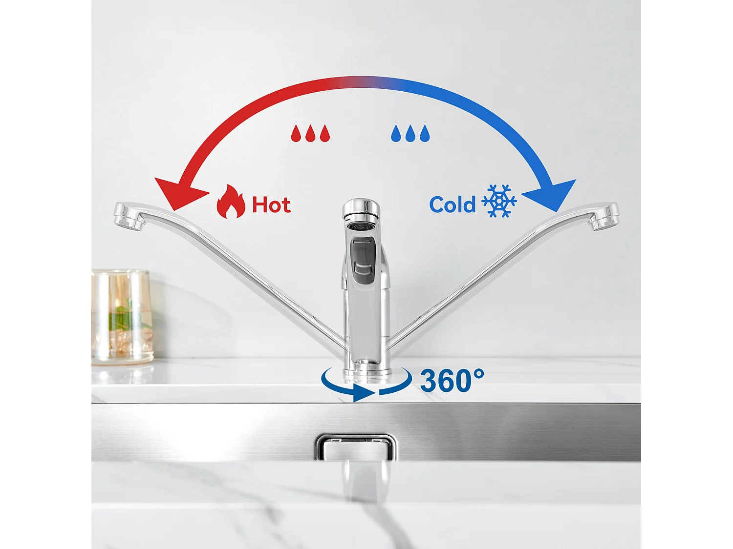 Évier de Cuisine Inox 1 Bac 50*43*18CM avec Distributeur de Savon+Robinet de Cuisine,Orientable à 360°, Eau Chaude/ Froide,en Laiton,Chromé