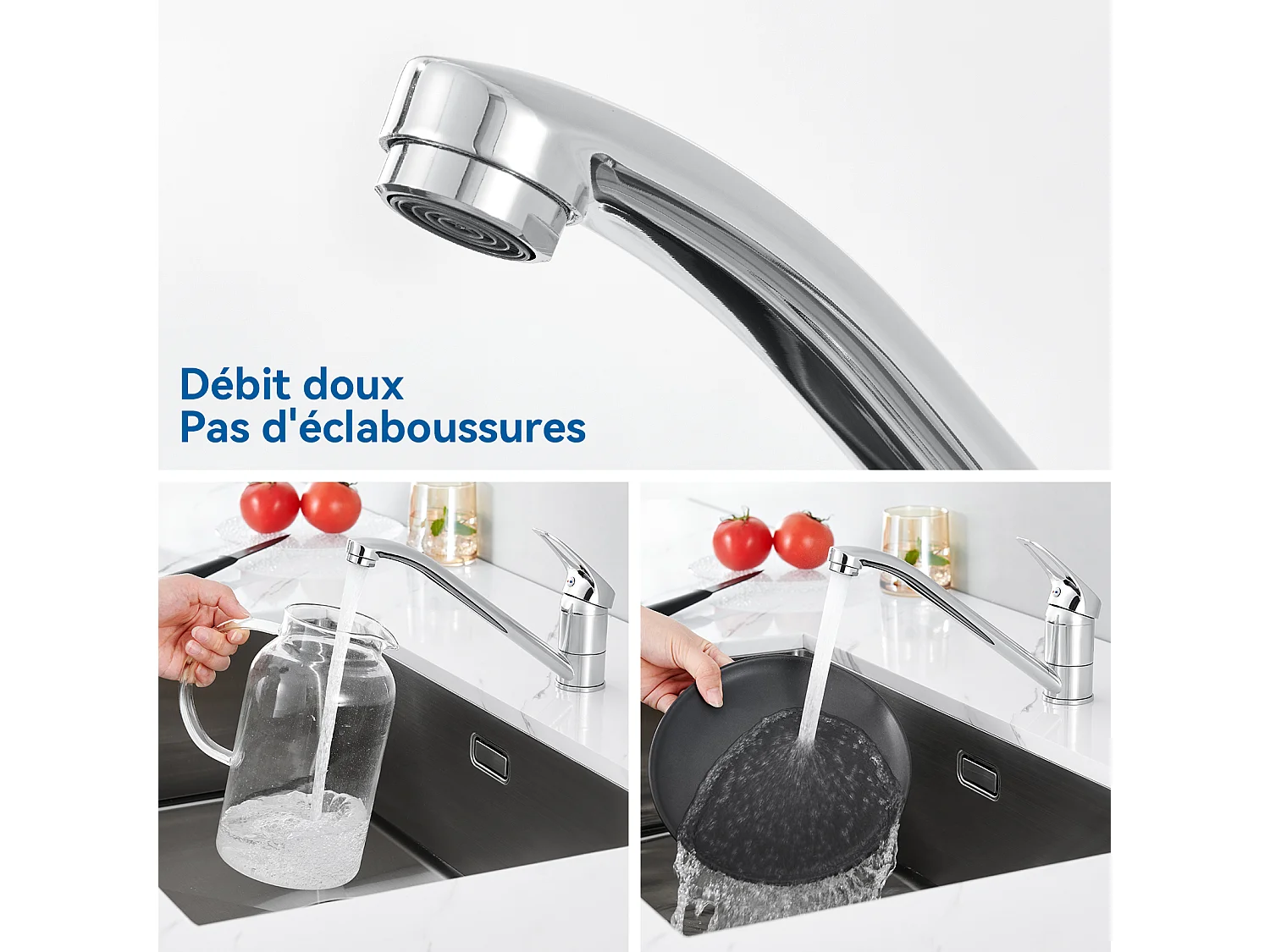 Évier de Cuisine Inox 1 Bac 50*43*18CM avec Distributeur de Savon+Robinet de Cuisine,Orientable à 360°, Eau Chaude/ Froide,en Laiton,Chromé