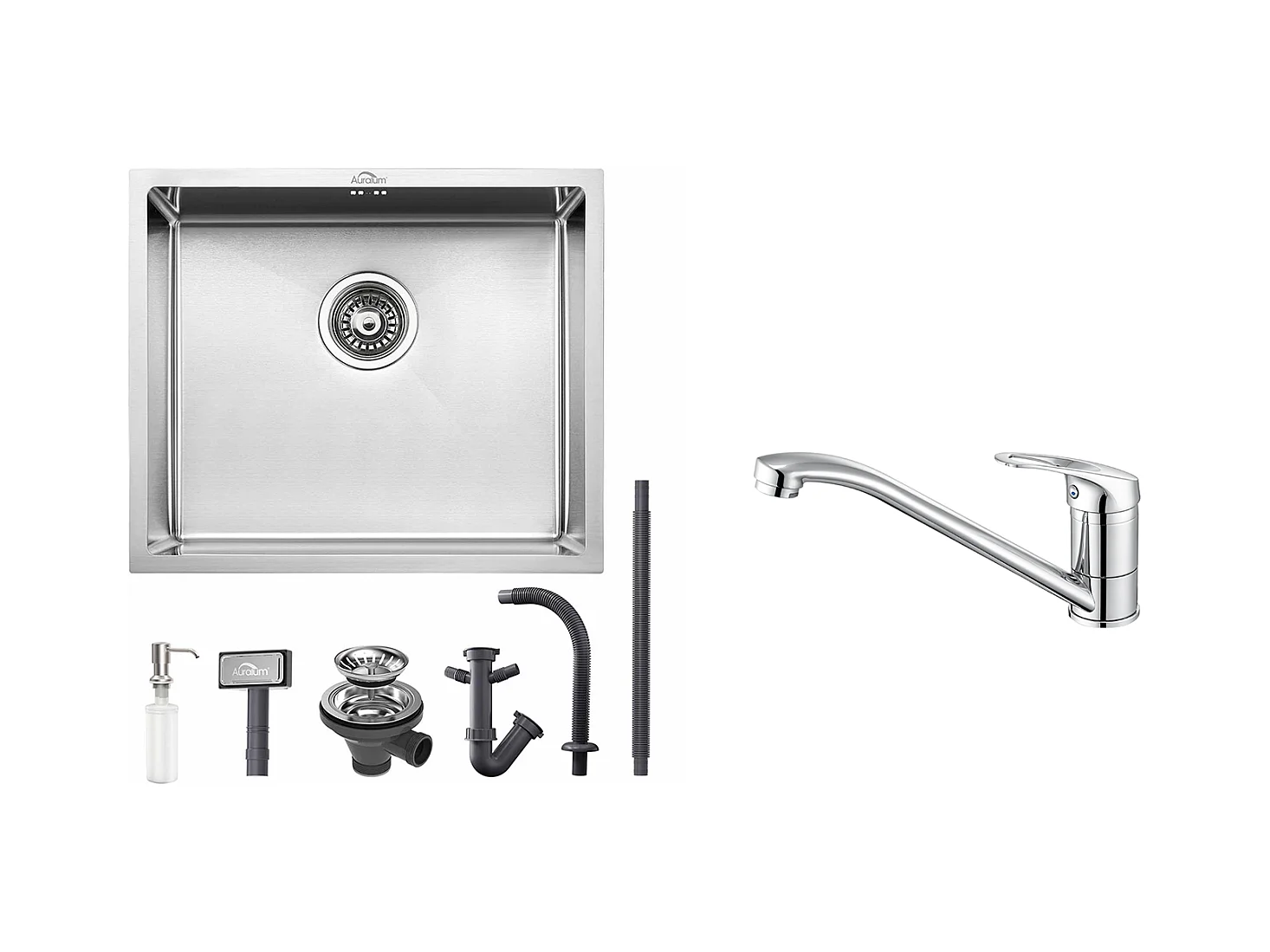 RVS Aanrecht 1 Bak 50*43*18CM met Zeepdispenser+Kookkraan, 360° Richtbaar, Warm/Koud Water, Messing, Verchroomd