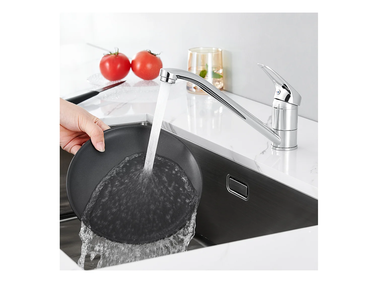 RVS Aanrecht 1 Bak 50*43*18CM met Zeepdispenser+Kookkraan, 360° Richtbaar, Warm/Koud Water, Messing, Verchroomd