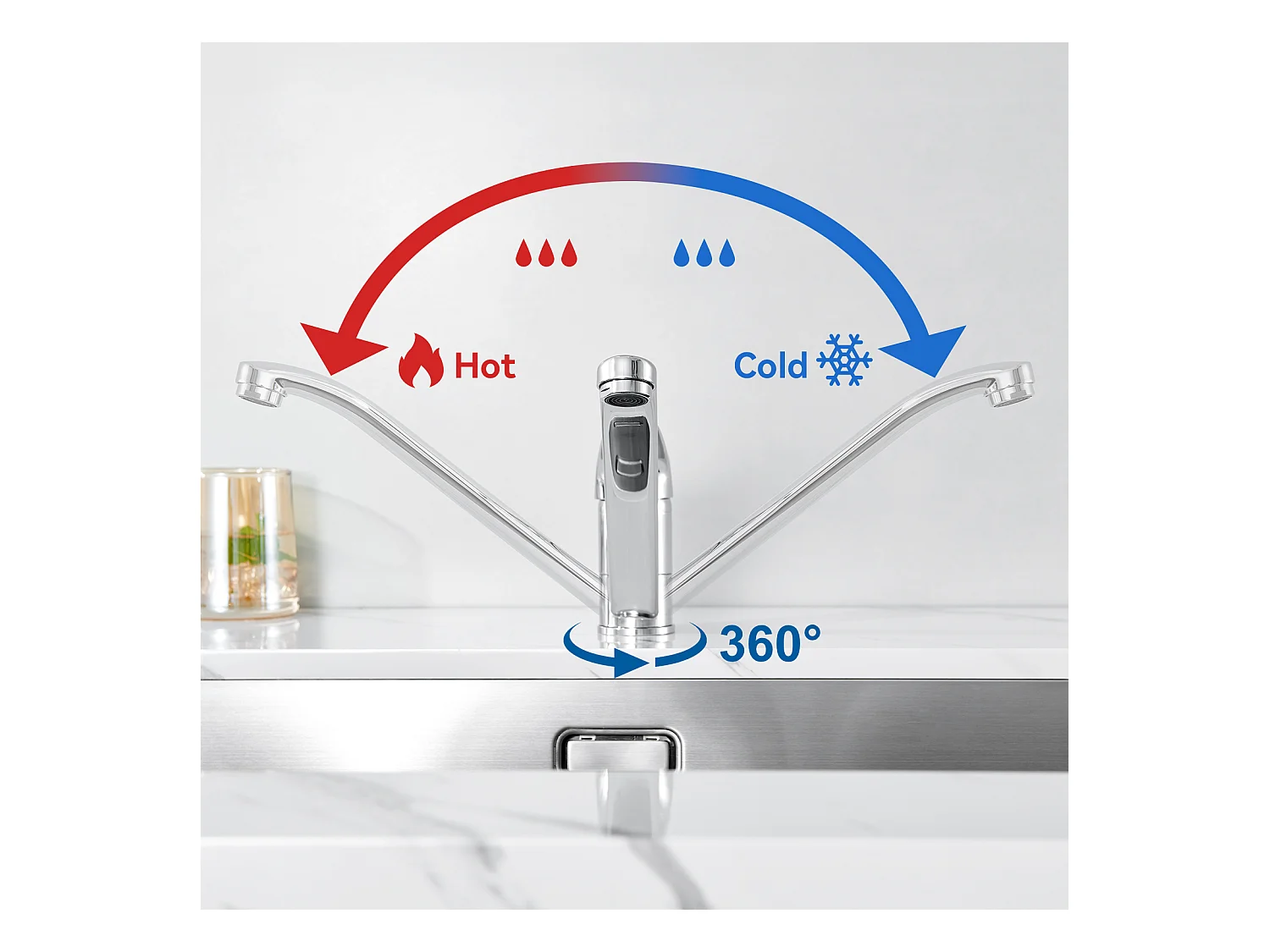 RVS Aanrecht 1 Bak 50*43*18CM met Zeepdispenser+Kookkraan, 360° Richtbaar, Warm/Koud Water, Messing, Verchroomd