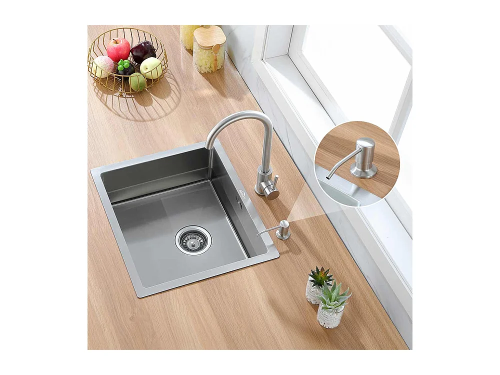 RVS Aanrecht 1 Bak 50*43*18CM met Zeepdispenser+Kookkraan, 360° Richtbaar, Warm/Koud Water, Messing, Verchroomd