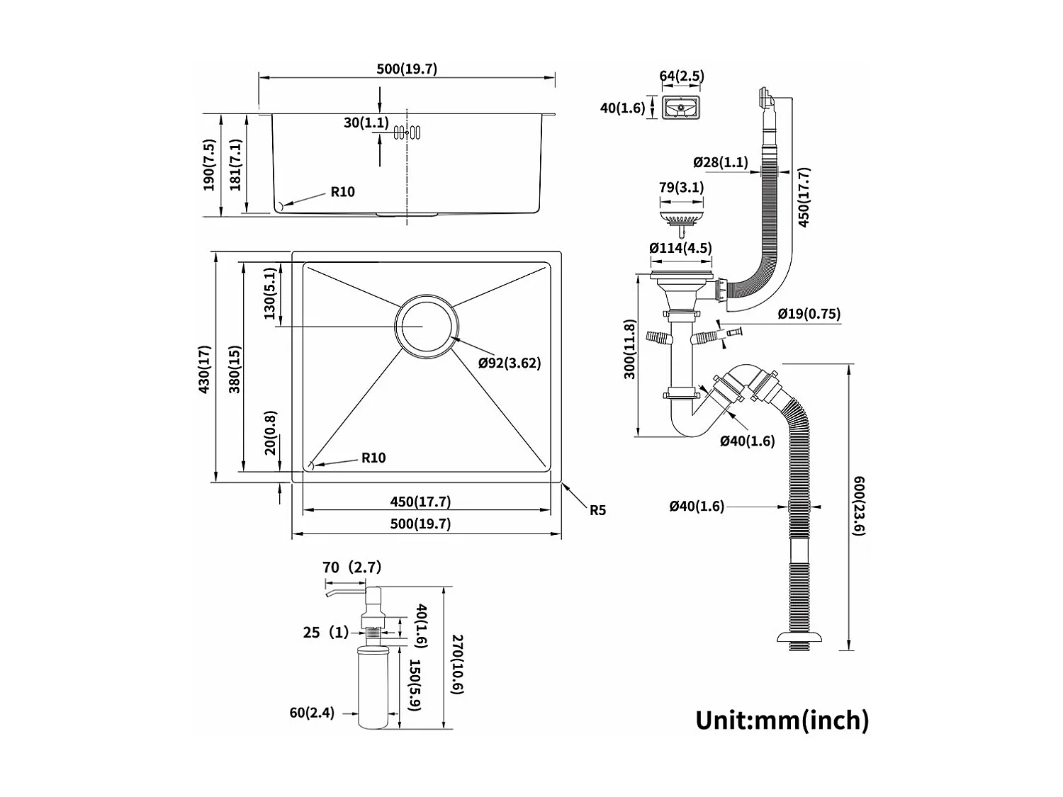 RVS Aanrecht 1 Bak 50*43*18CM met Zeepdispenser+Kookkraan, 360° Richtbaar, Warm/Koud Water, Messing, Verchroomd