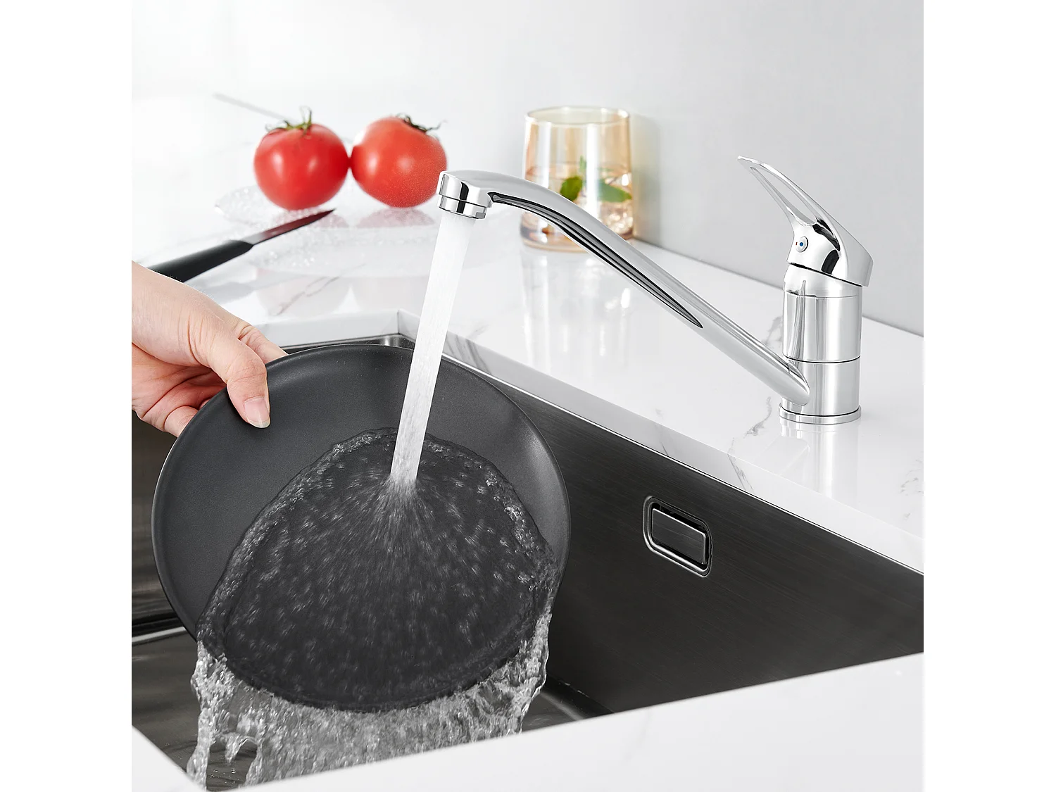 RVS Aanrecht 1 Bak 50*43*18CM met Zeepdispenser+Kookkraan, 360° Richtbaar, Warm/Koud Water, Messing, Verchroomd