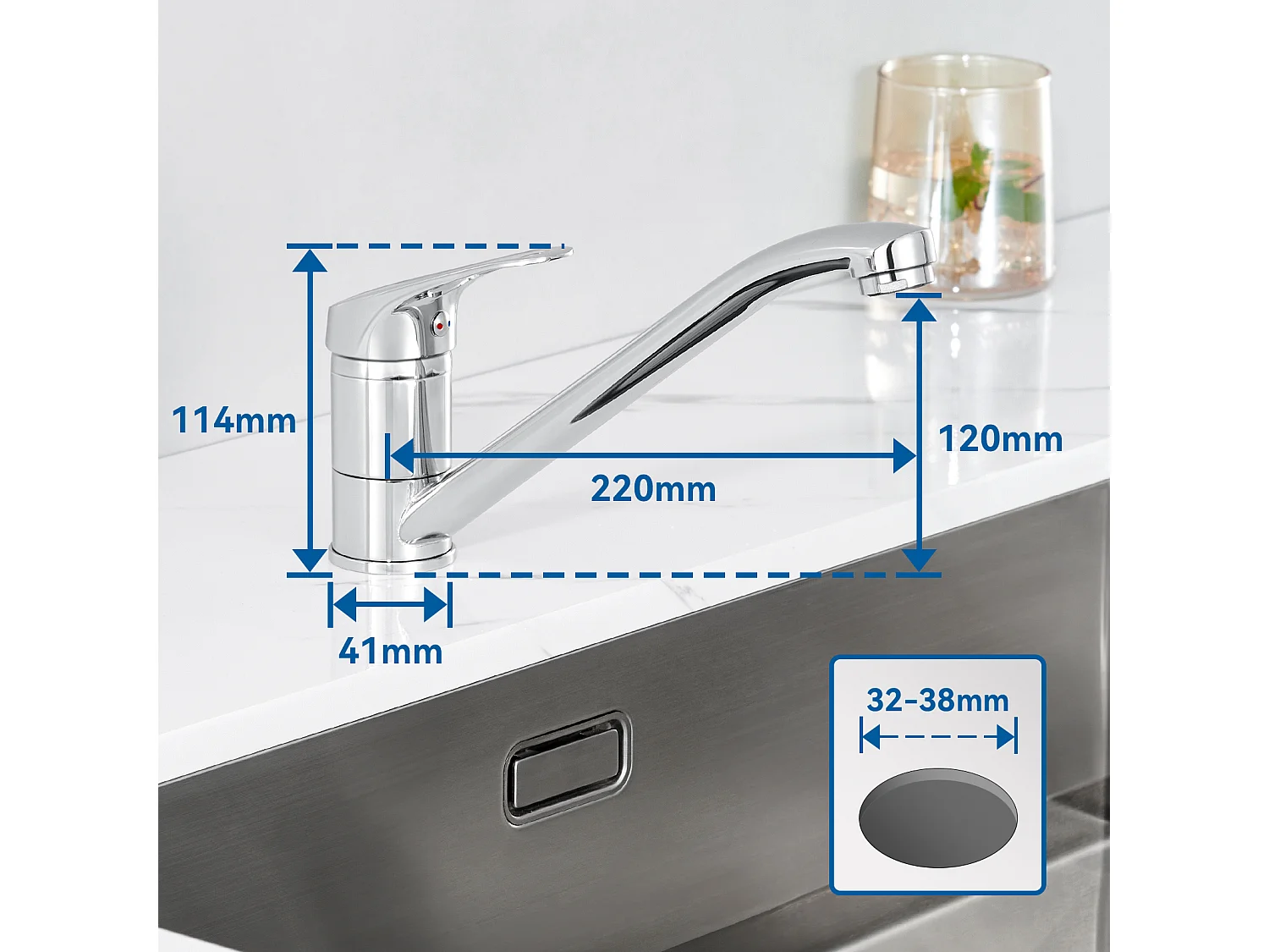 RVS Aanrecht 1 Bak 50*43*18CM met Zeepdispenser+Kookkraan, 360° Richtbaar, Warm/Koud Water, Messing, Verchroomd