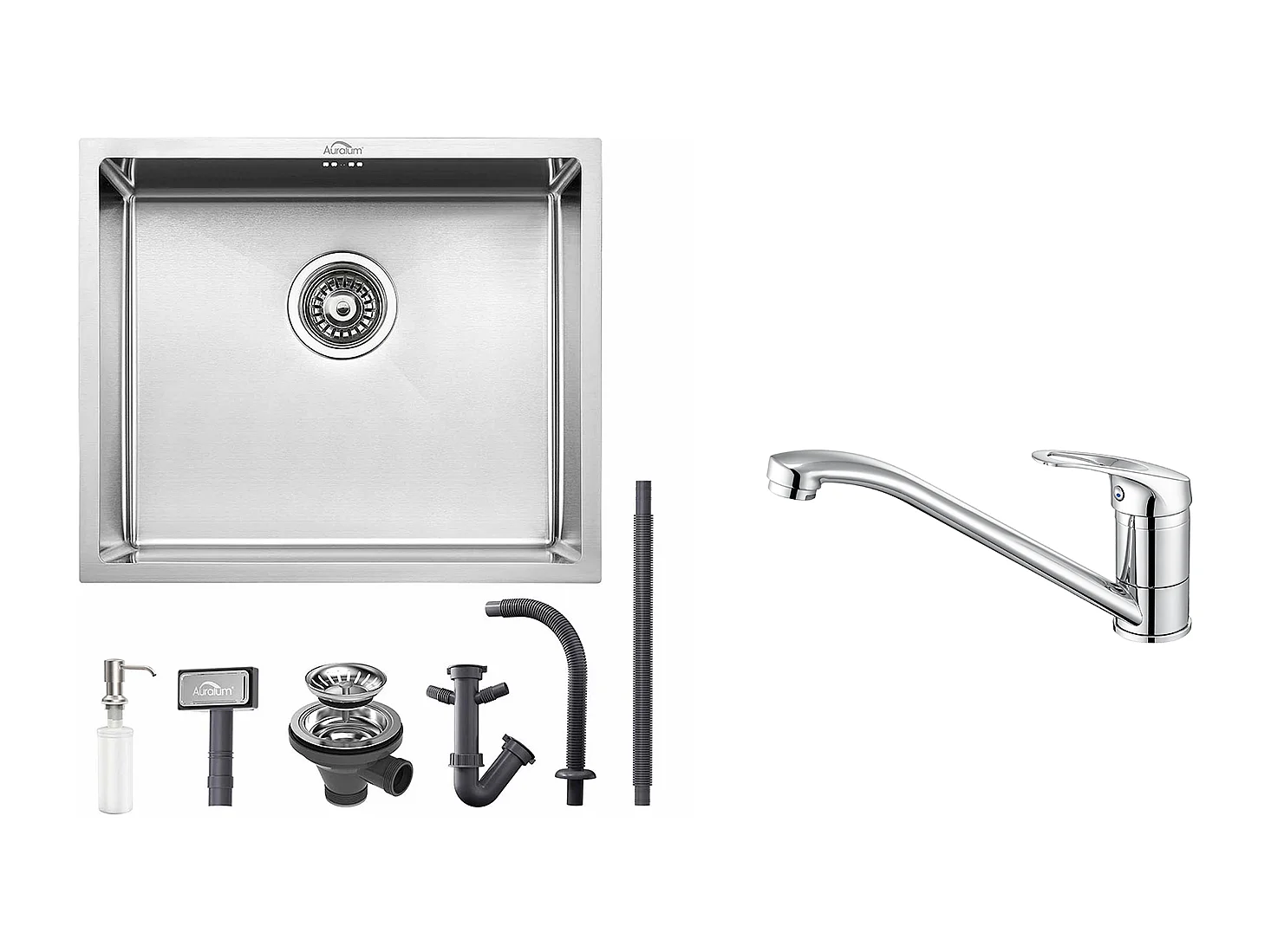 RVS Aanrecht 1 Bak 50*43*18CM met Zeepdispenser+Kookkraan, 360° Richtbaar, Warm/Koud Water, Messing, Verchroomd