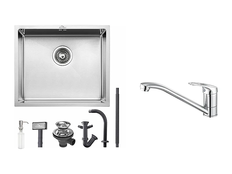 Évier de Cuisine Inox 1 Bac 50*43*18CM avec Distributeur de Savon+Robinet de Cuisine,Orientable à 360°, Eau Chaude/ Froide,en Laiton,Chromé