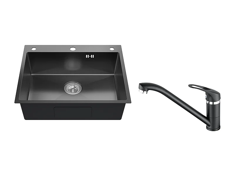 EenUralum max Inbouw Aanrecht,1 Bak,60*49*20CM,304 RVS,Zwart+Kookkraan, 360° Richtbaar,Warm/Koud Water,Zwart