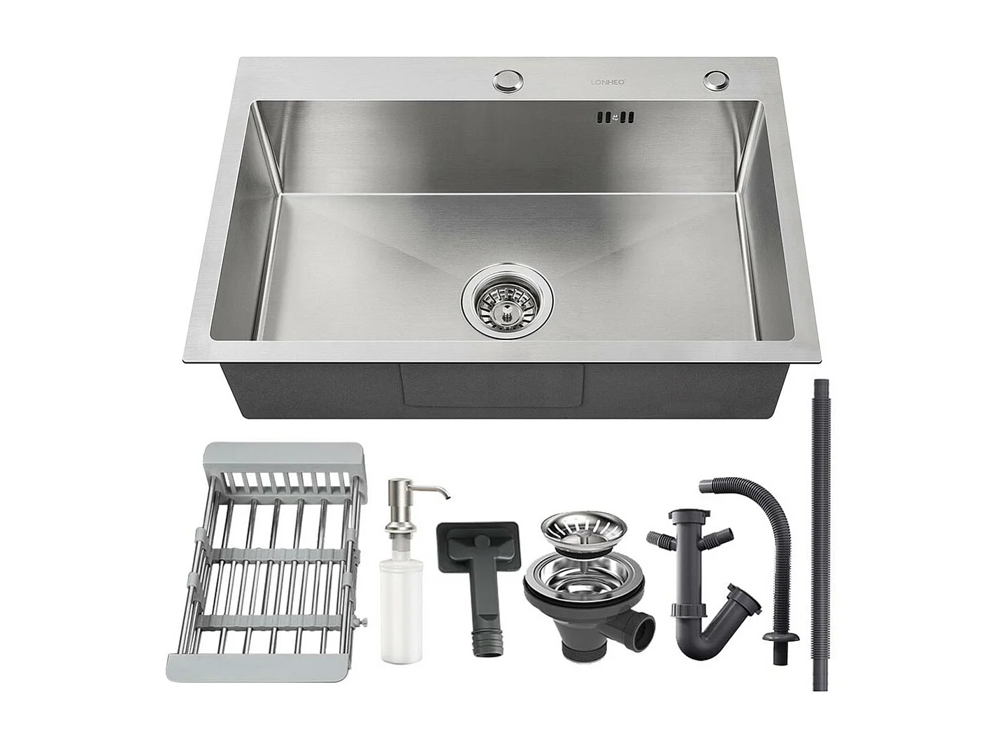 LONHEO MAX 2 en1 Fregadero Cocina Cepillado 68x45x19CM con Distributor Jabón Escurridor Cesta