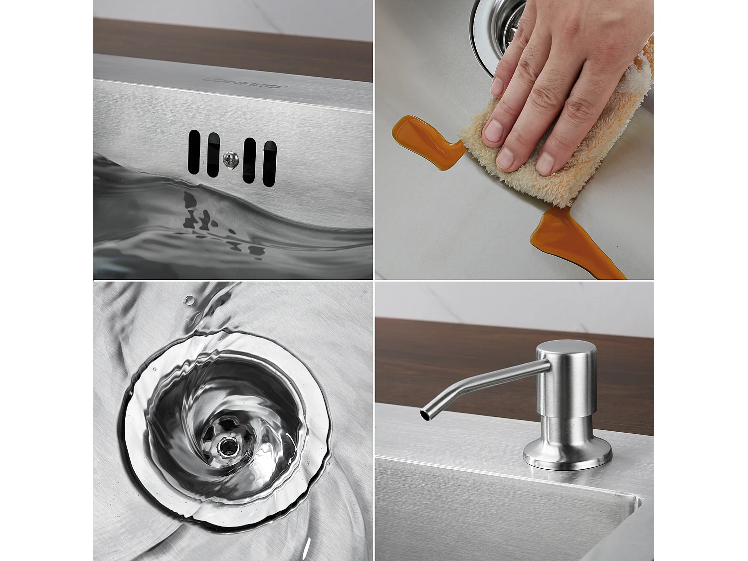 LONHEO MAX 2 en1 Fregadero Cocina Cepillado 68x45x19CM con Distributor Jabón Escurridor Cesta