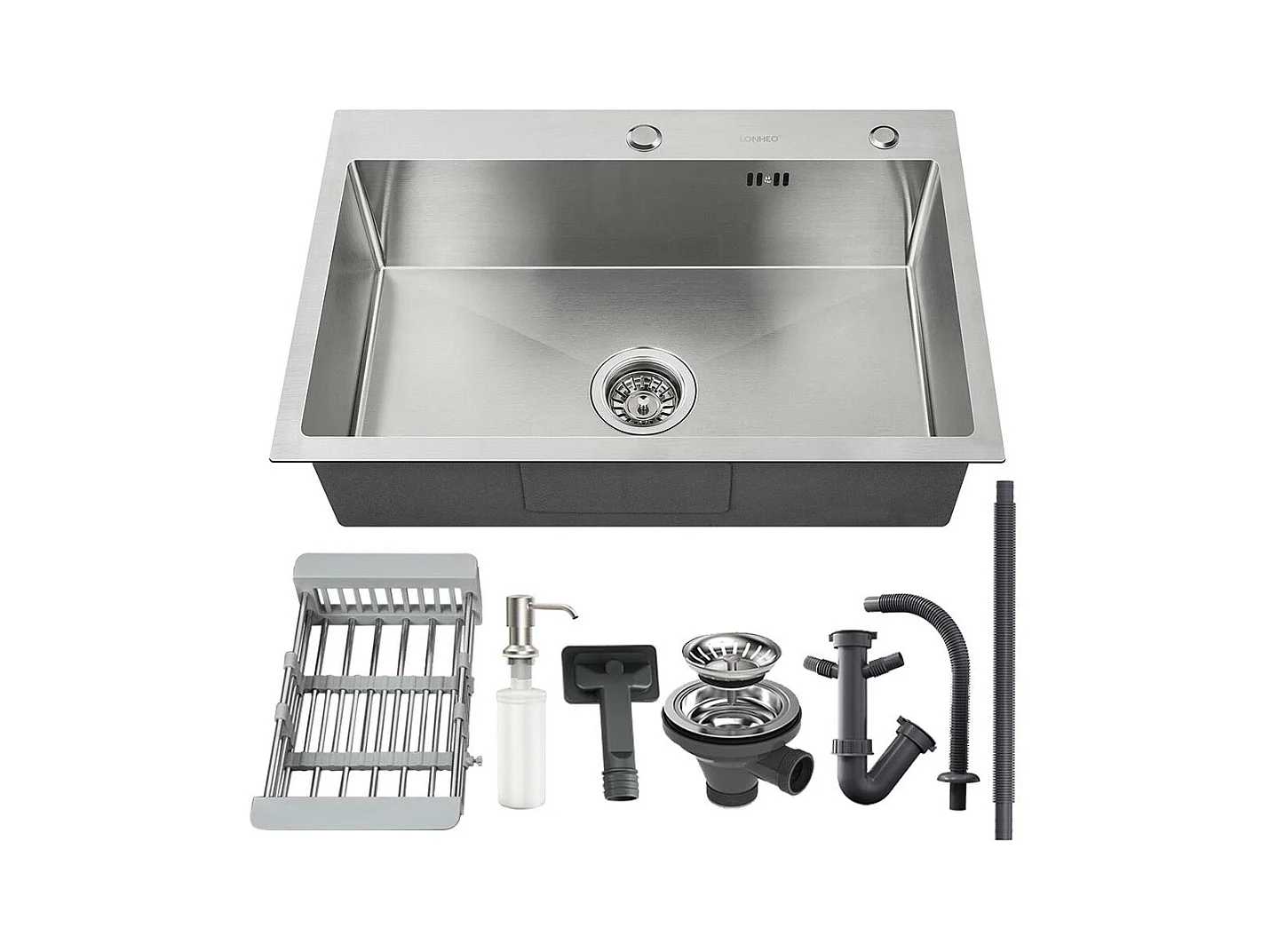 LONHEO MAX 2 en1 Évier Cuisine Brossé 68x45x19CM avec Distrubuteur savon Égouttoir Panier