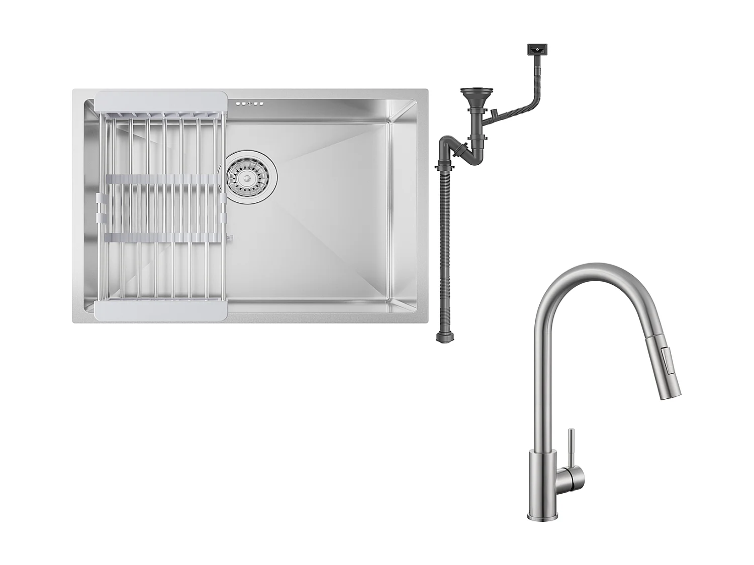 Aanrecht Keuken 1 Bak 60*44*20CM, roestvrij, Inbouw/ondergrond met Afvoermand, Zilver+Mengkraan Keuken met Uitschuifbare Handdouche, 360° Draaibaar, Geborsteld