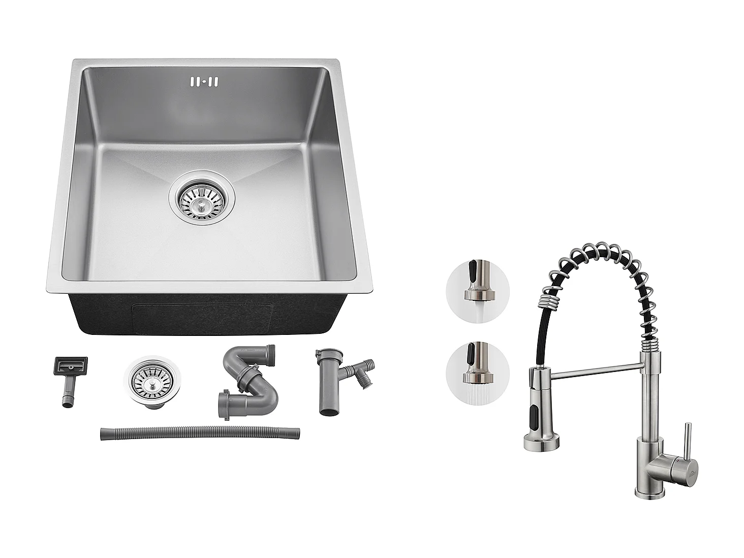 Évier Encastré 44x44x20CM,Évier de Cuisine 1 Bac en Acier Inoxydable 304,Argent+Robinet Cuisine à Ressort avec Douchette Extensible,Brossé