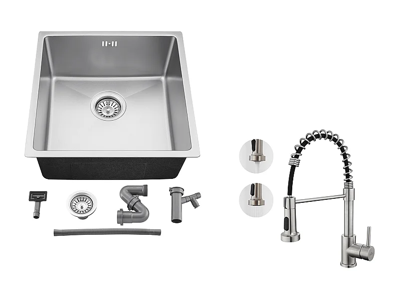 Évier Encastré 44x44x20CM,Évier de Cuisine 1 Bac en Acier Inoxydable 304,Argent+Robinet Cuisine à Ressort avec Douchette Extensible,Brossé