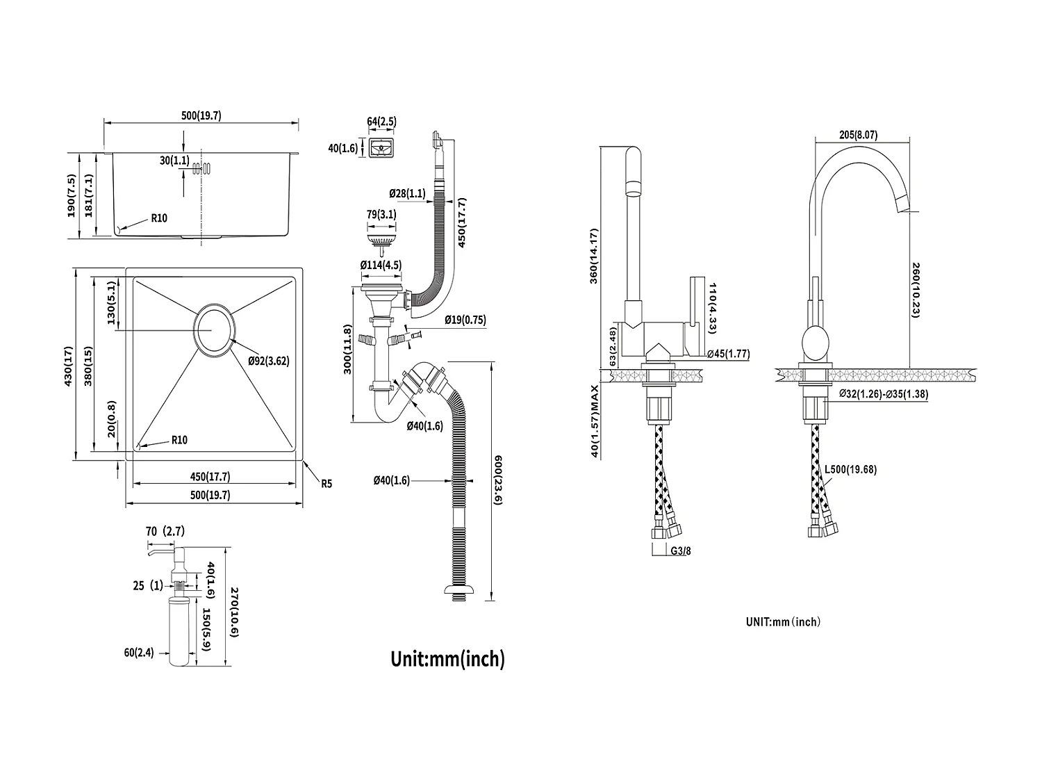 Fregadero de Cocina Inox 1 Bandeja 50*43*18CM con Dispensador de Jabón+Mestidor de Cocina de Acero Inoxidable 304 Plegable Giratorio a 360°