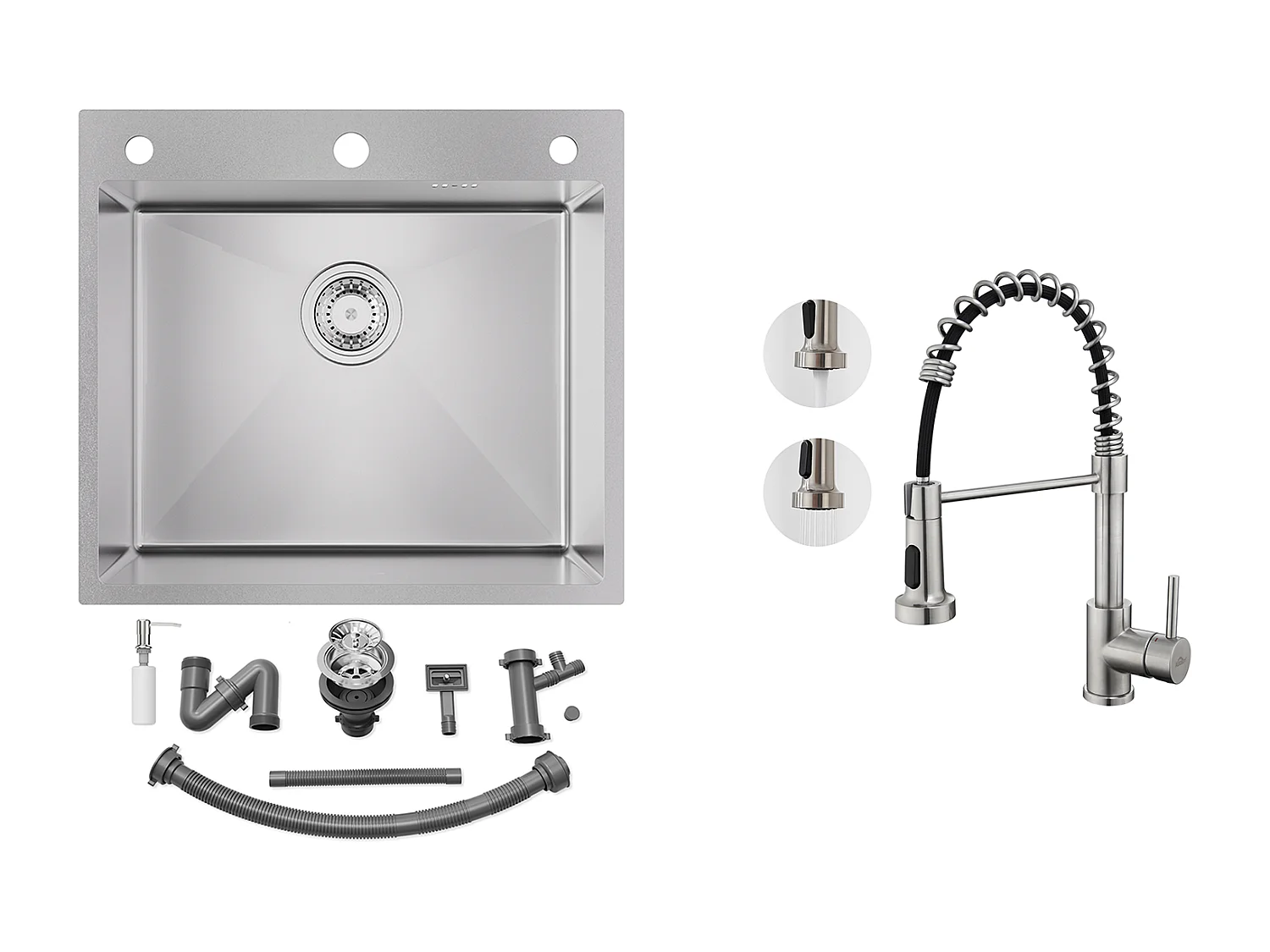 54*49*20CM aanrecht, inbouw/bloem met zeepdispenser, zilver + veer keukenkraan met uitschuifbare handdouche, geborsteld