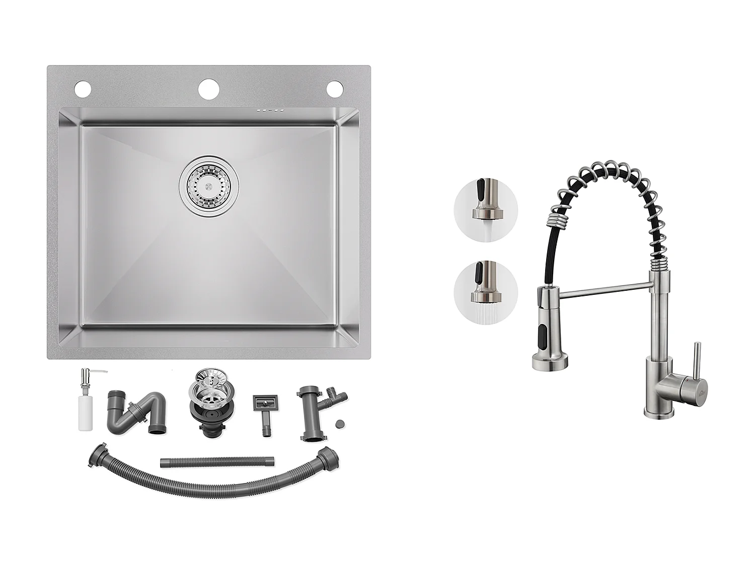 Evier Cuisine 54*49*20CM,à Encastrer/à Fleur de Plan avec Distributeur Savon,Argent+Robinet Cuisine à Ressort avec Douchette Extensible,Brossé