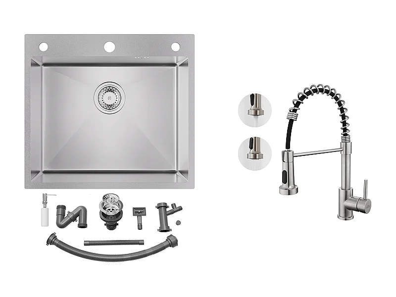 Evier Cuisine 54*49*20CM,à Encastrer/à Fleur de Plan avec Distributeur Savon,Argent+Robinet Cuisine à Ressort avec Douchette Extensible,Brossé