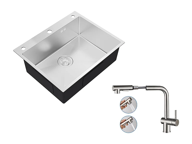 Auralummax Fregadero Cocina empotrado,1 Bandeja,60*49*20CM, Fregadero de acero inoxidable 304,Silver+Gripo Cocina Extragible,Dos Jets,Giratorios 360°