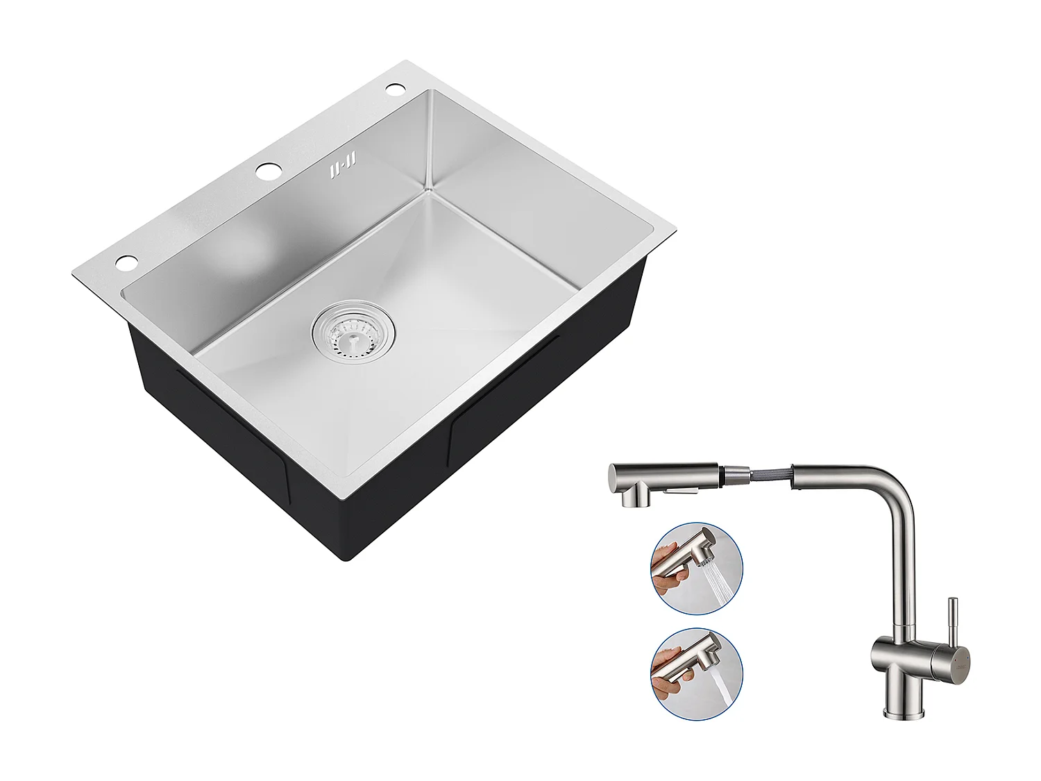 Auralummax Fregadero Cocina empotrado,1 Bandeja,60*49*20CM, Fregadero de acero inoxidable 304,Silver+Gripo Cocina Extragible,Dos Jets,Giratorios 360°