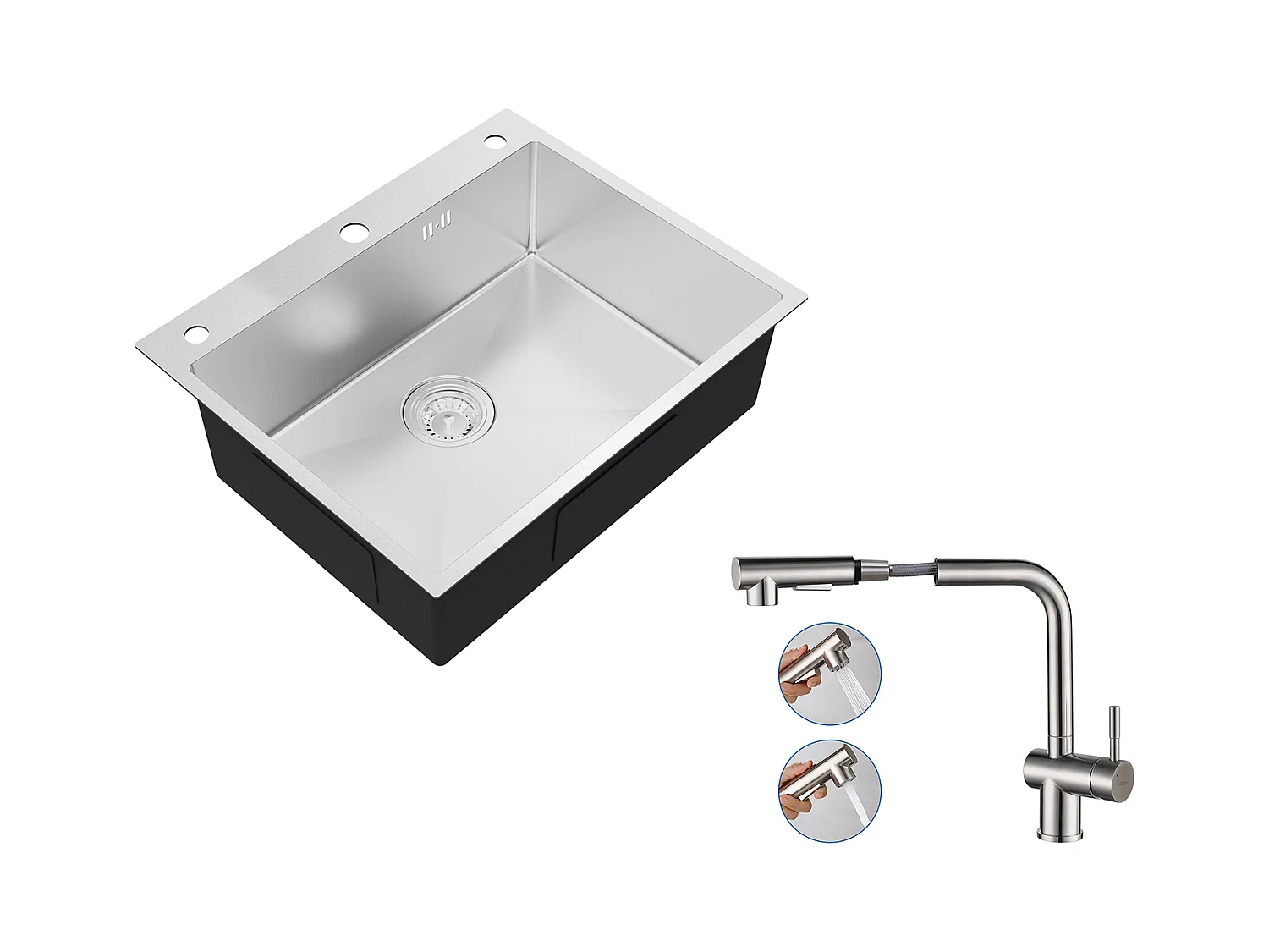 Auralum max Évier Cuisine à Encastrer,1 Bac,60*49*20CM,Évier en inox 304,Silver+Robinet Cuisine Douchette Extractible Deux Jets Pivotant 360°